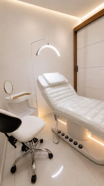 Camilla LUMA Premium blanca con aro de luz y taburete en una cabina de estética.