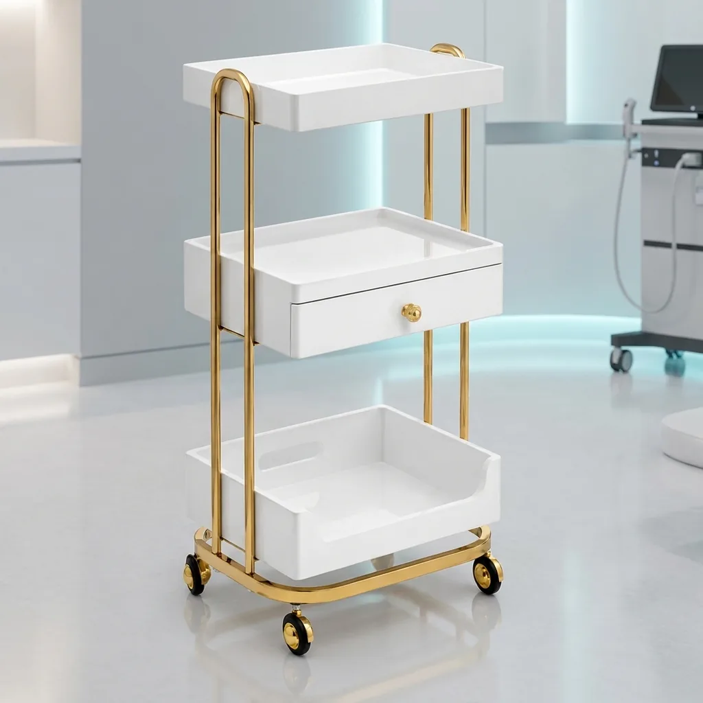 LUMA Cart Gold de tres niveles y cajón central, con la camilla LUMA Gold detrás