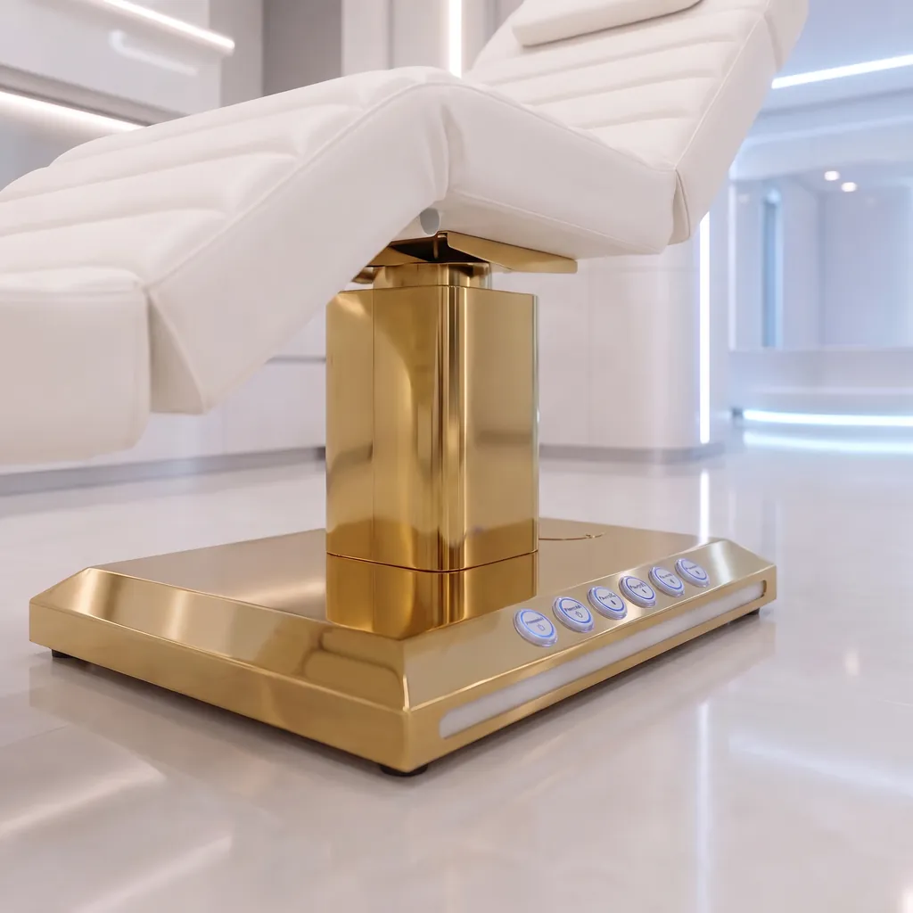 Camilla eléctrica LUMA Gold de perfil: colchón blanco de espuma 4D sobre base dorada con iluminación LED
