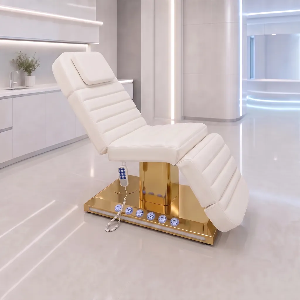 Camilla eléctrica LUMA Gold en posición sillón, vista lateral en el consultorio