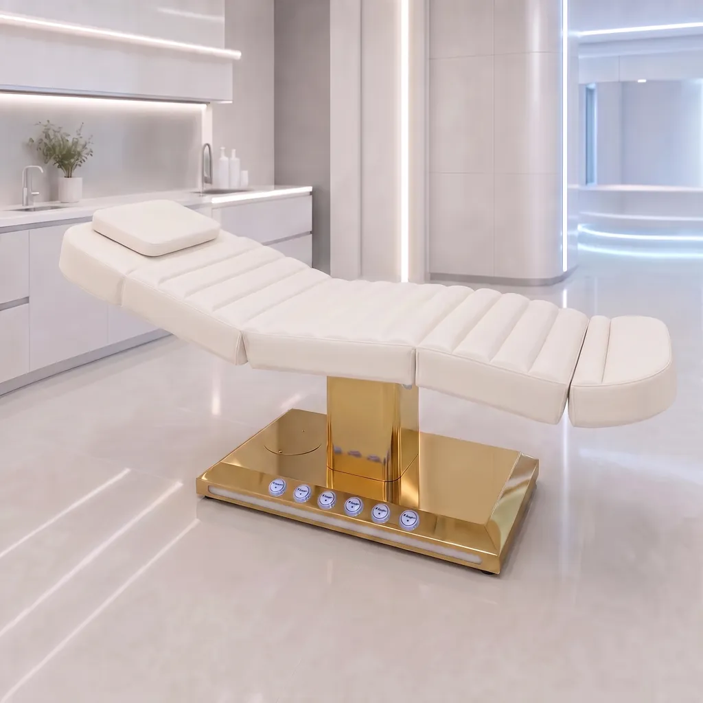 LUMA Cart Gold en primer plano, con la camilla LUMA Gold y la silla profesional al fondo