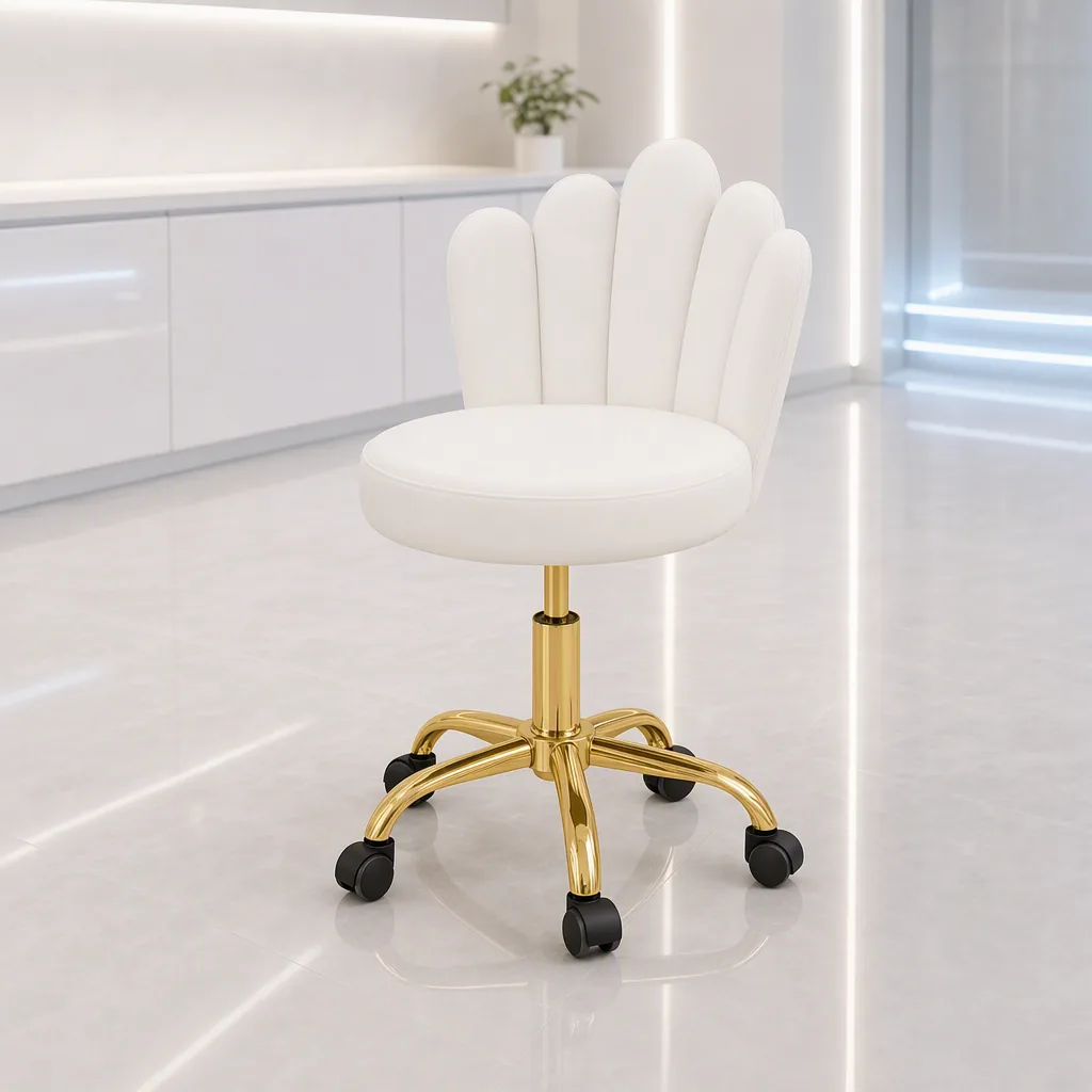Silla profesional dorada de la línea LUMA Gold: respaldo de pétalos tapizado en blanco sobre base y pistón dorados con ruedas