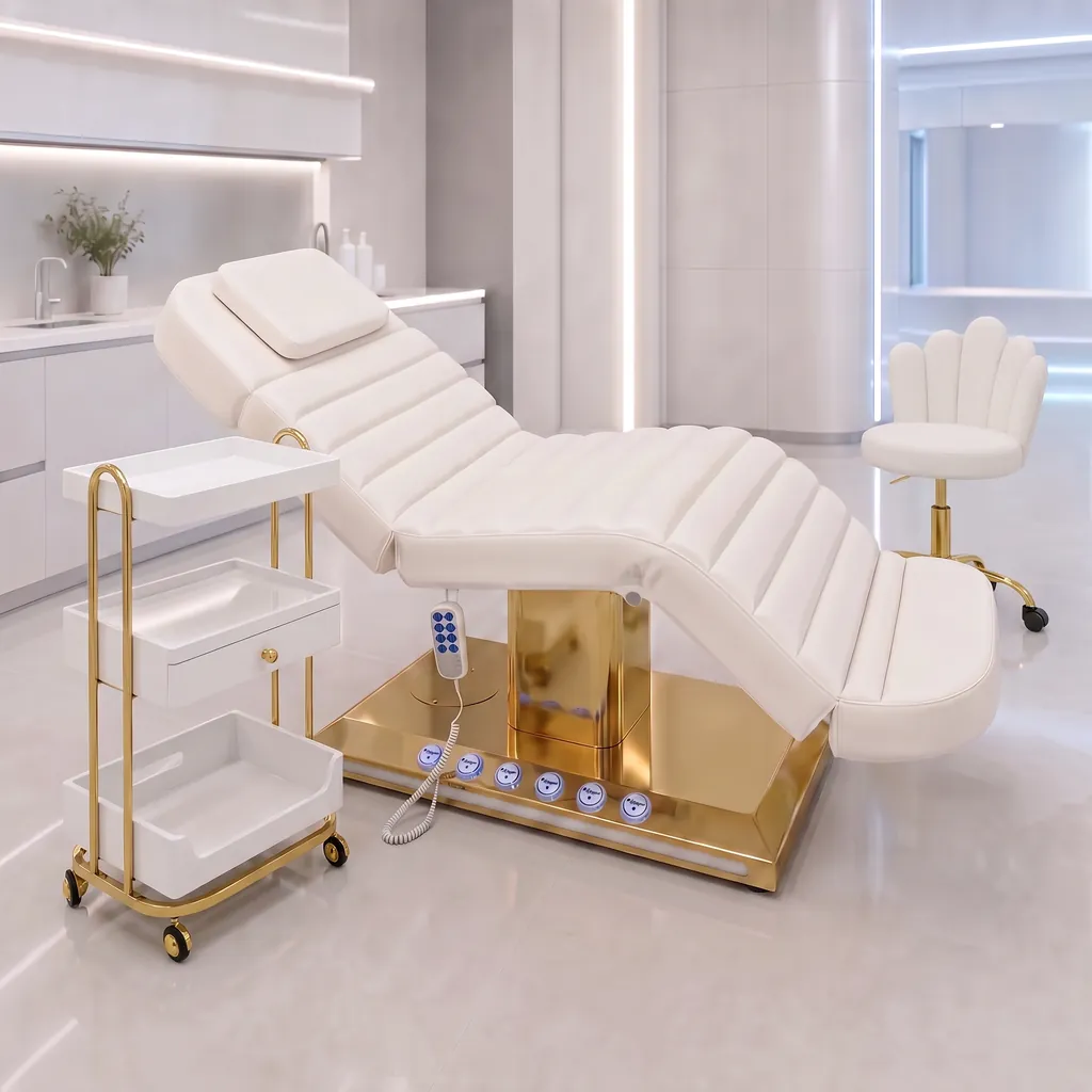 Set LUMA Gold: camilla de base dorada, silla profesional y carrito auxiliar