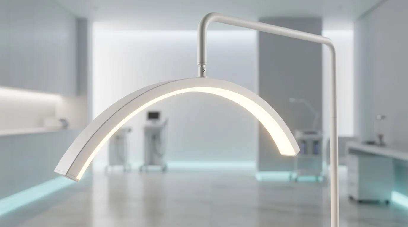 Detalle del cabezal en arco de la Luminaria LED LUMA blanca, encendida en un consultorio de estética