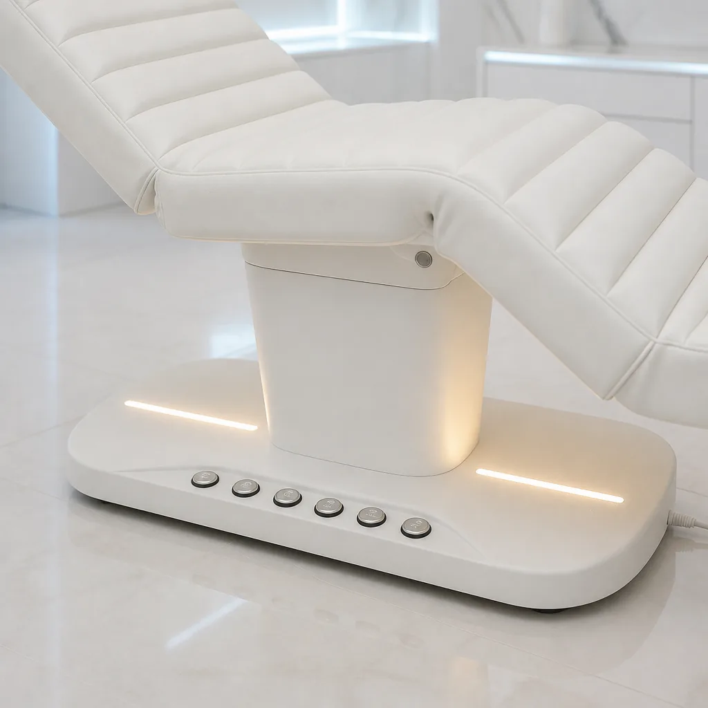 Detalle de la camilla eléctrica LUMA Premium blanca — base con iluminación LED y botonera